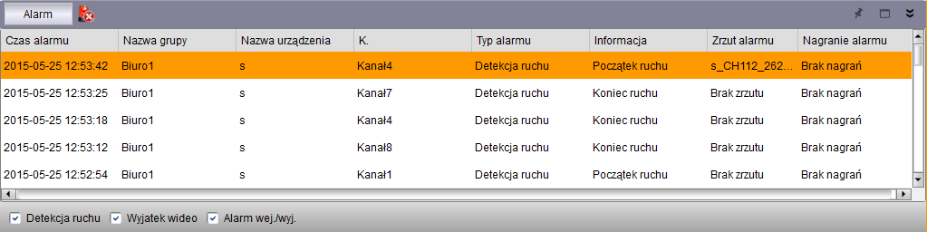 Pasek alarmów zwinięty i rozwinięty. Alarmy są wyświetlane chronologicznie. Każdy rekord zawiera Czas wystąpienia alarmu, Grupę urządzeń, nazwę urządzenia, nr kanału, typ alarmu.