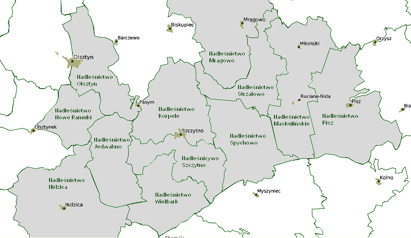 Ryc. 1. Nadleśnictwa wchodzące w skład Puszczy Piskiej i Lasów Napiwodzko-Ramuckich (zaznaczone na szaro; zielona linia- granica nadleśnictwa). W dniach 26-27.01.2011 r.