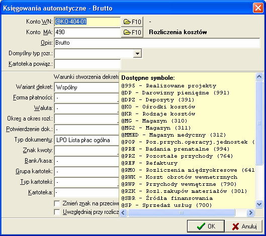 Wypełniamy : - konto WN - konto MA - opis - typ dokumentu (jako jedyny warunek od którego uzaleŝnimy ten dekret) Dla drugiego typu dokumentu znów dajemy F2 ustawiamy dekretacje i tylko dajemy inny