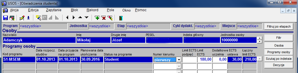 Numer kierunku W bloku Programy osoby wskazany jest Numer kierunku. Pole to może przyjmować następujące wartości: 1.