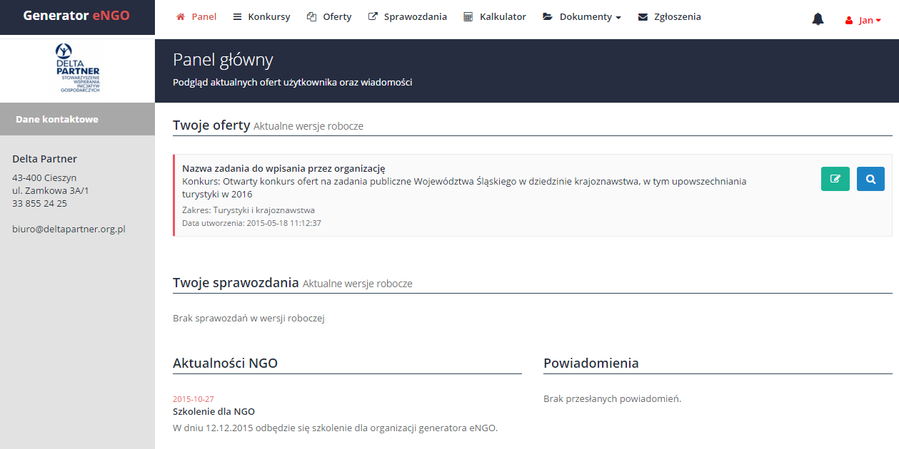 2. Panel główny Po zalogowaniu się do Generatora, użytkownik zostaje automatycznie przeniesiony do głównego panelu użytkownika Generatora engo.