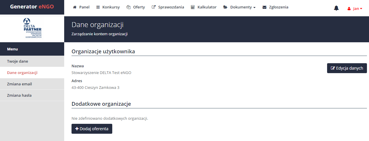 Rysunek 9 Lista zdefiniowanych organizacji Wszystkie dane oferenta wprowadzone podczas dodawania lub edycji danych oferenta będą automatycznie kopiowane do nowo tworzonego wniosku ofertowego oraz