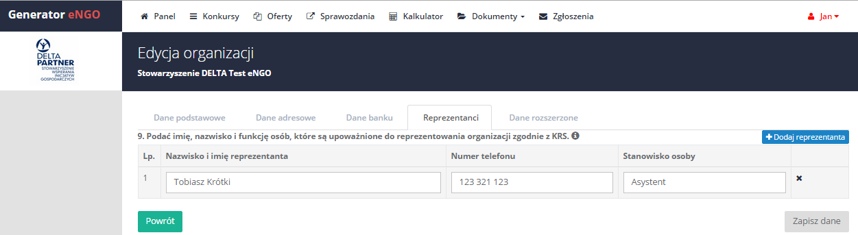 Rysunek 12 Dane banku Po uzupełnieniu wszystkich danych, należy przejść do następnej zakładki: Reprezentanci. 2.1.2.4 Reprezentanci Zakładka reprezentanci pozwala na dodanie osób uprawnionych do reprezentacji danej organizacji zgodnie z wpisem do KRS (lub innego rejestru).