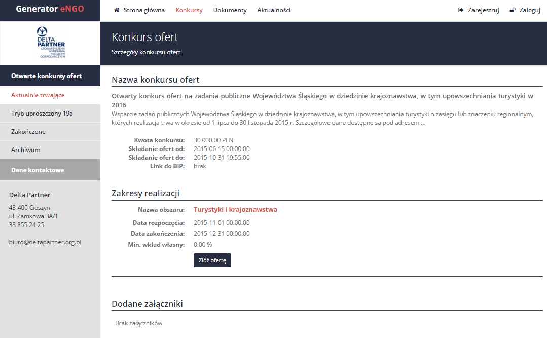 Jeżeli upłynął ostateczny termin składania ofert, na ekranie wyświetli się następujący komunikat: Konkurs zakończony brak możliwości składania ofert.