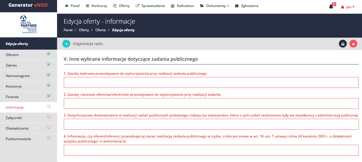 3.2.6 Informacje W zakładce Informacje znajdują się pola tekstowe, które należy wypełnić, zgodnie ze stanem faktycznym.