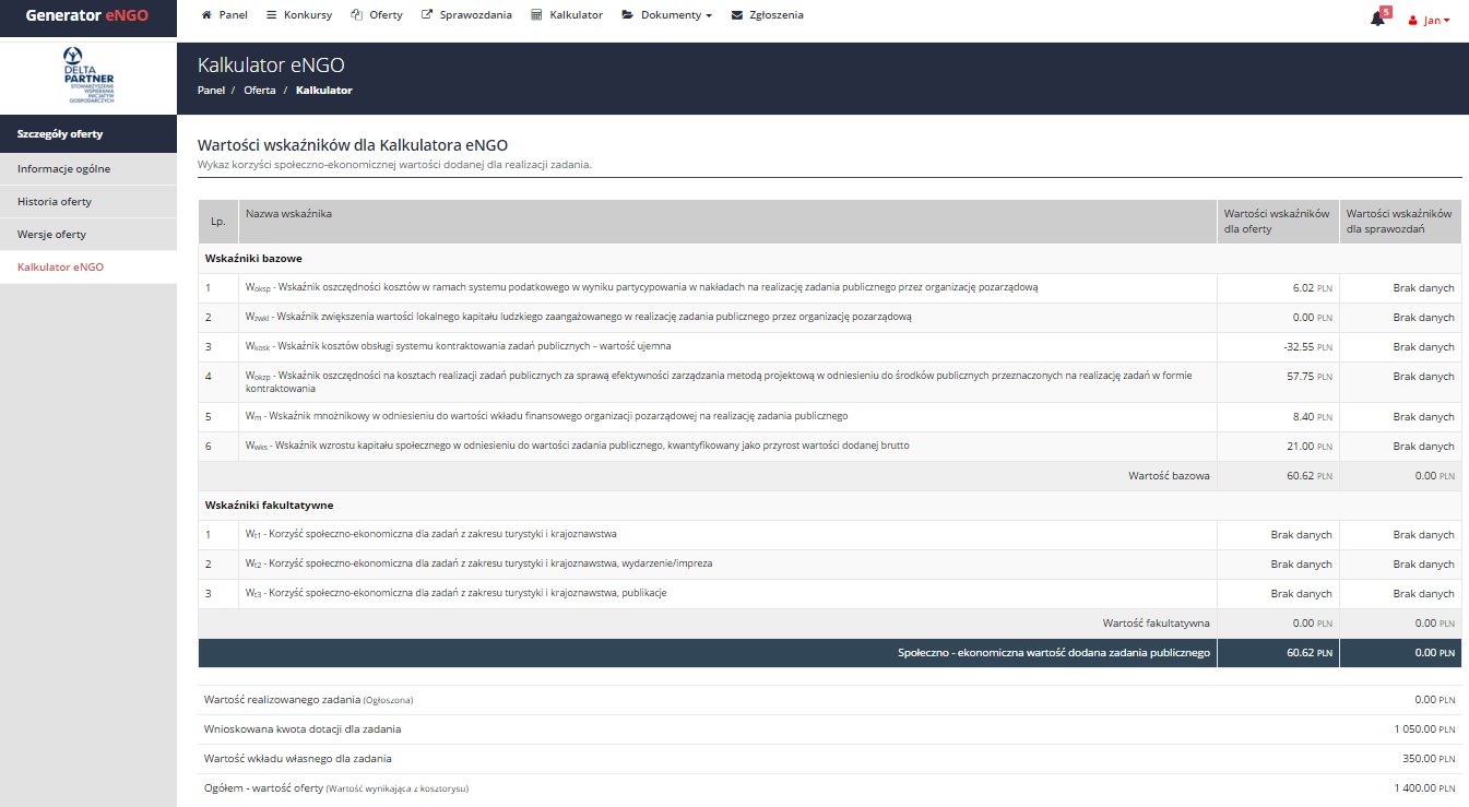 3.4.5 Kalkulator engo w panelu oferty Po wybraniu tej opcji z menu bocznego, w Szczegółach oferty, użytkownik może zobaczyć aktualne wyniki wygenerowane przez Kalkulator społeczno-ekonomicznych