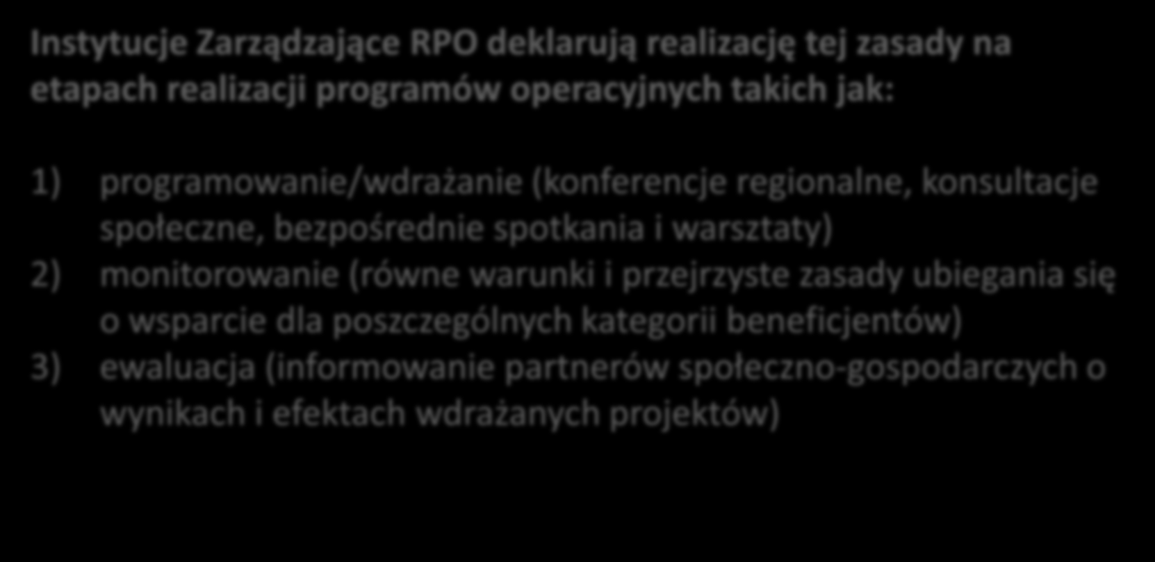 REALIZACJA ZASADY PARTNERSTWA Instytucje Zarządzające RPO deklarują realizację tej zasady na etapach realizacji programów operacyjnych takich jak: 1) programowanie/wdrażanie (konferencje regionalne,