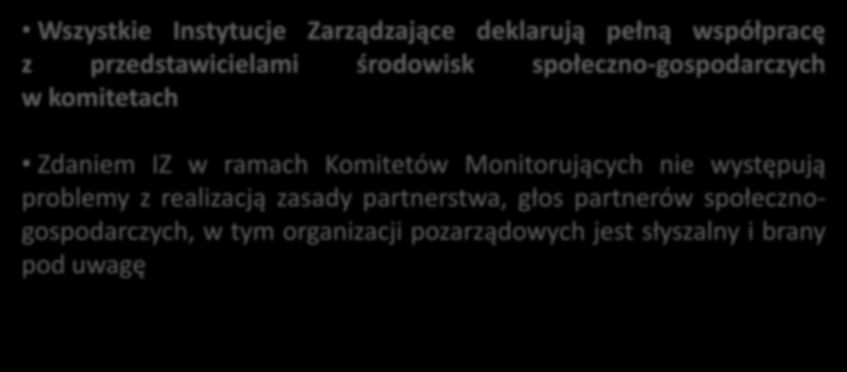 KOMITETY MONITORUJĄCE Regionalne Programy Operacyjne Wszystkie Instytucje Zarządzające deklarują pełną współpracę z przedstawicielami środowisk społeczno-gospodarczych w komitetach Zdaniem IZ w