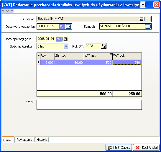 Data wprowadzenia data wprowadzenia dokumentu do systemu KSP, podpowiadana jest data logowania Symbol numer operacji nadawany przez system Data operacji gosp.