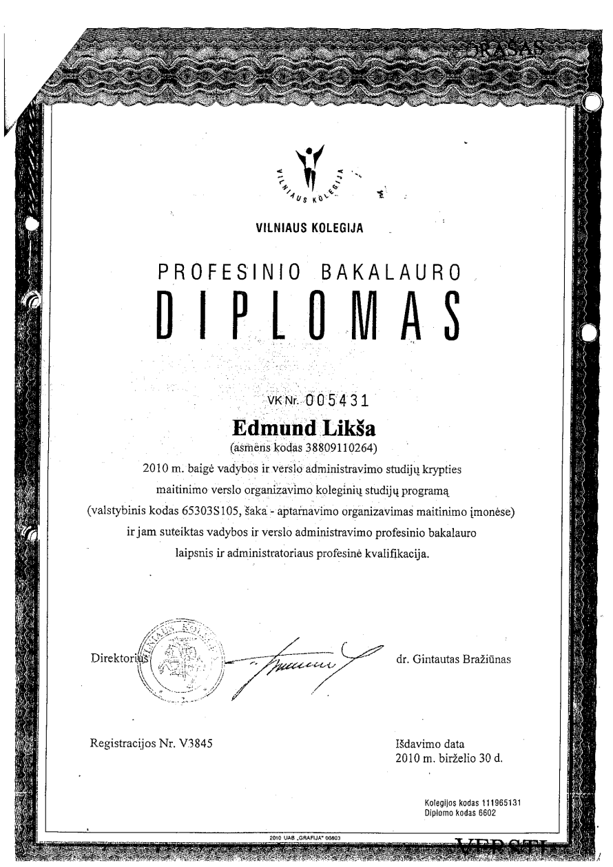 Dyplom Profesino Bakalauro Dyplom Profesino Bakalauro potwierdza posiadanie wykształcenia na poziomie studiów pierwszego stopnia w