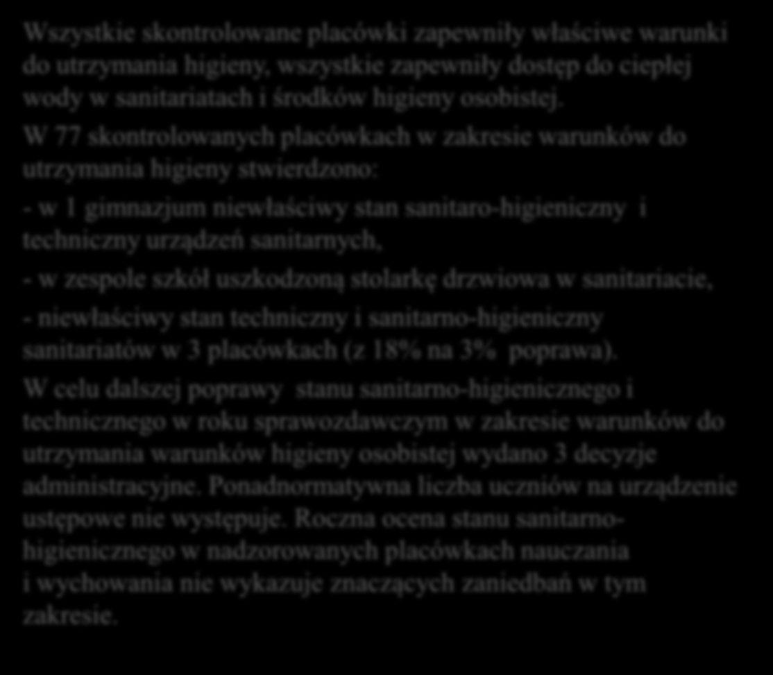 Ocena warunków do utrzymania higieny.