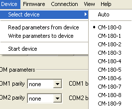 Device Select device wybór typu urządzenia do konfigurowania. Auto automatyczne wykrycie typu urządzenia wraz z odczytaniem parametrów. CM-180-X ręczny wybór typu urządzenia bez odczytania parametrów.
