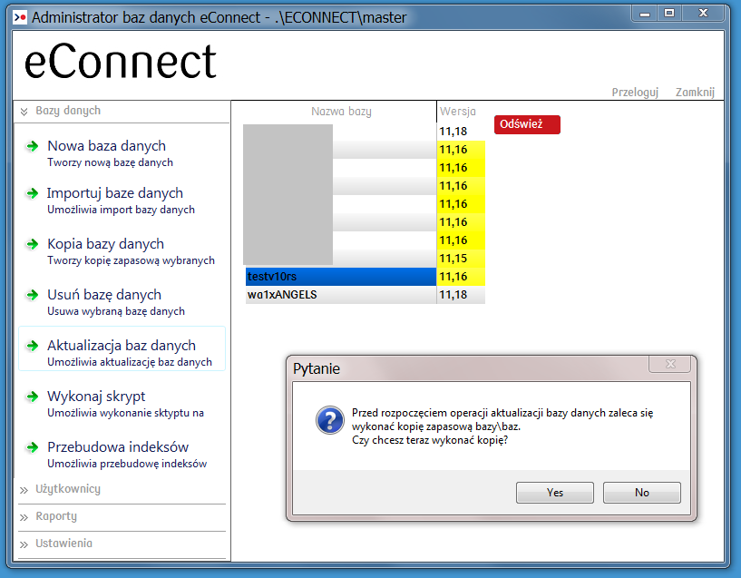 System powiadomi o konieczności aktualizacji bazy master należy wybrać przycisk Tak. System powiadomi o zakończeniu procesu aktualizacji stosownym komunikatem. 5.