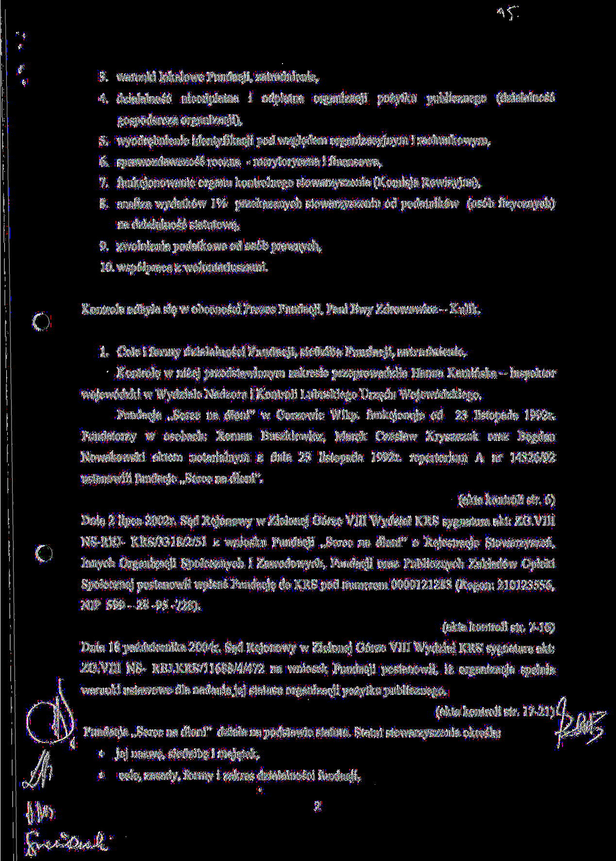 3. warunki lokalowe Fundacji, zatrudnienie, 4. dzialalnosc nieodplatna i odplatna organizacji pozytku publicznego (dzialalnosc gospodarcza organizacji), 5.