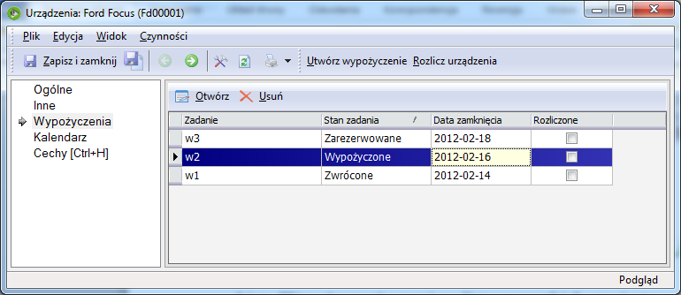 Ewidencja wypożyczeń urządzenia (Lista wypożyczenia) Lista Wypożyczenia zawiera listę wszystkich zarejestrowanych wypożyczeń dla danego urządzenia.