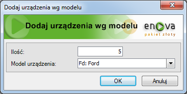 Rodzaj urządzenia umożliwia pokazanie urządzeń konkretnego typu, o ile zdefiniowano więcej, niż jeden typ urządzenia. Pusty wpis powoduje wyświetlenie wszystkich rodzajów urządzeń.