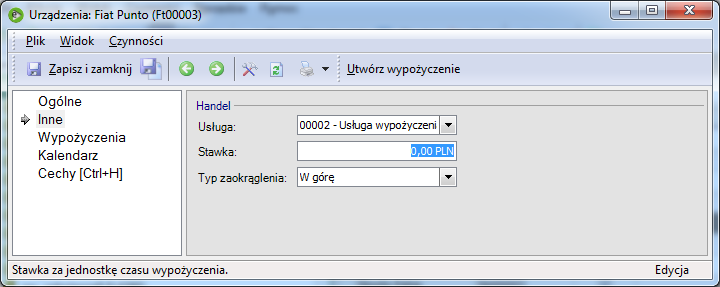 Usługa rozliczająca wypożyczenie Na formularzach urządzeń wprowadzić na zakładce Inne wcześniej stworzoną usługę do rozliczania wypożyczeń.