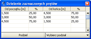 Tworzenie przykładowej konstrukcji Rys. 5.13 Płatwie dachowe i stężenia - widok z góry 5.8 DZIELENIE PRĘTÓW WĘZŁAMI Okno funkcji dzielenia prętów węzłami przedstawione jest na rysunku 5.14. Rys. 5.14 Podział prętów węzłami Przed uruchomieniem tej funkcji należy zaznaczyć pręty na których zostaną wprowadzone dodatkowe węzły.