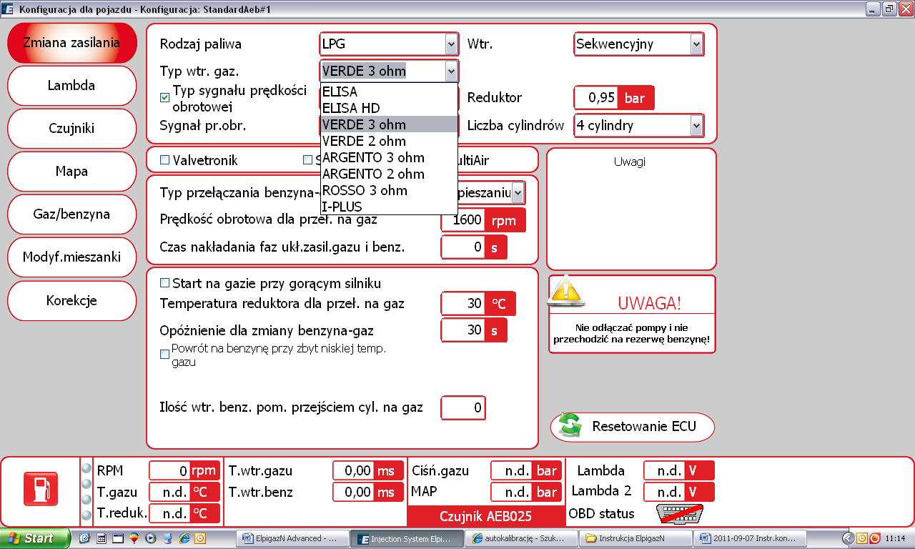 2. ZAAWANSOWANA AUTOKALIBRACJA Przed rozpoczęciem procesu autokalibracji instalacji gazowej firmy Elpigaz niezbędne jest zweryfikowanie podstawowych parametrów pracy systemu dostępnych na stronie