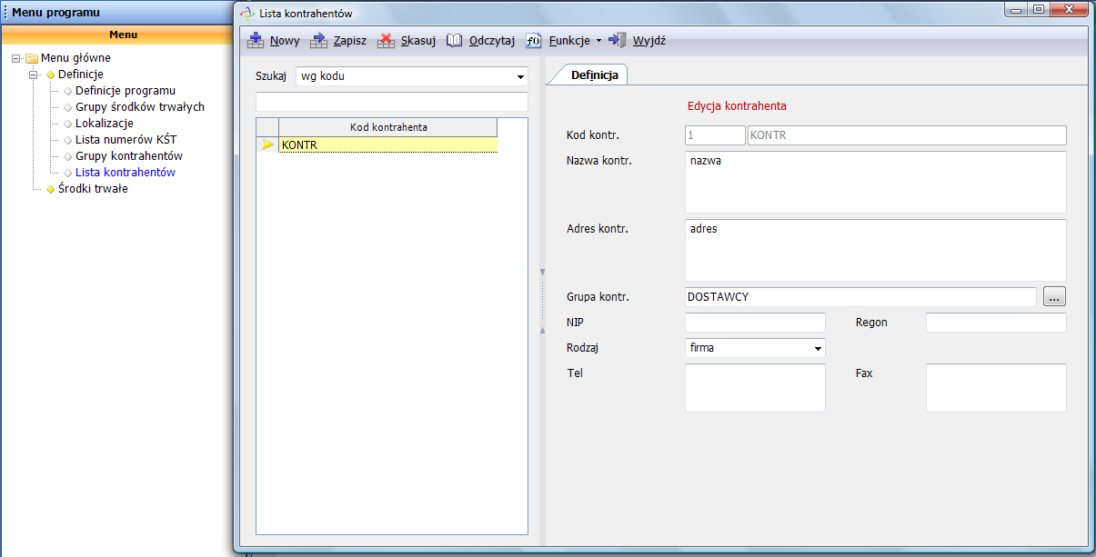 Definicje programu - Grupy kontrahentów Definicje 19 Okno dodawania nowej grupy kontrahentów. 2.6 Lista kontrahentów. Listy kontrahentów można edytować i modyfikować oraz dodawać nowych.