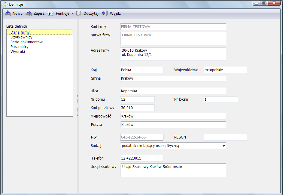 Definicje programu - Użytkownicy Definicje 7 2 Definicje. 2.1 Definicje programu. 2.1.1 Dane firmy Po wybranie z menu głównego pozycji Definicje programu otworzy się poniższe okno.