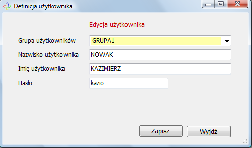 Definicje programu - Użytkownicy Definicje 9 Okno umożliwia: dodanie nowej grupy użytkowników (przycisk Nowy) usunięcie grupy użytkowników poprzez wybór odpowiedniej grupy z Listy grup użytkowników