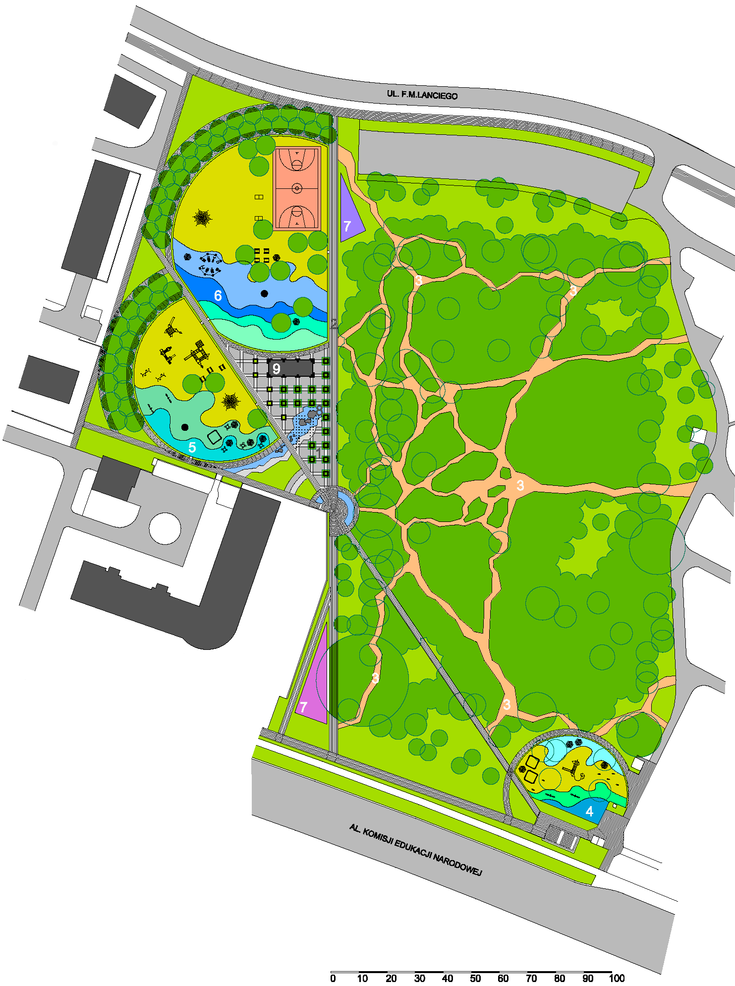 1 2 3 4 5 6 7 9 PARK LASEK BRZOZOWY KONCEPCJA PROGRAMOWO- PRZESTRZENNA PLAC CENTRALNY Z URZĄDZENIAMI WODNYMI, NAWIERZCHNIE OZDOBNE Z PŁYT I KOSTKI PROMENADA - NAWIERZCHNIE OZDOBNE Z PŁYT I KOSTKI