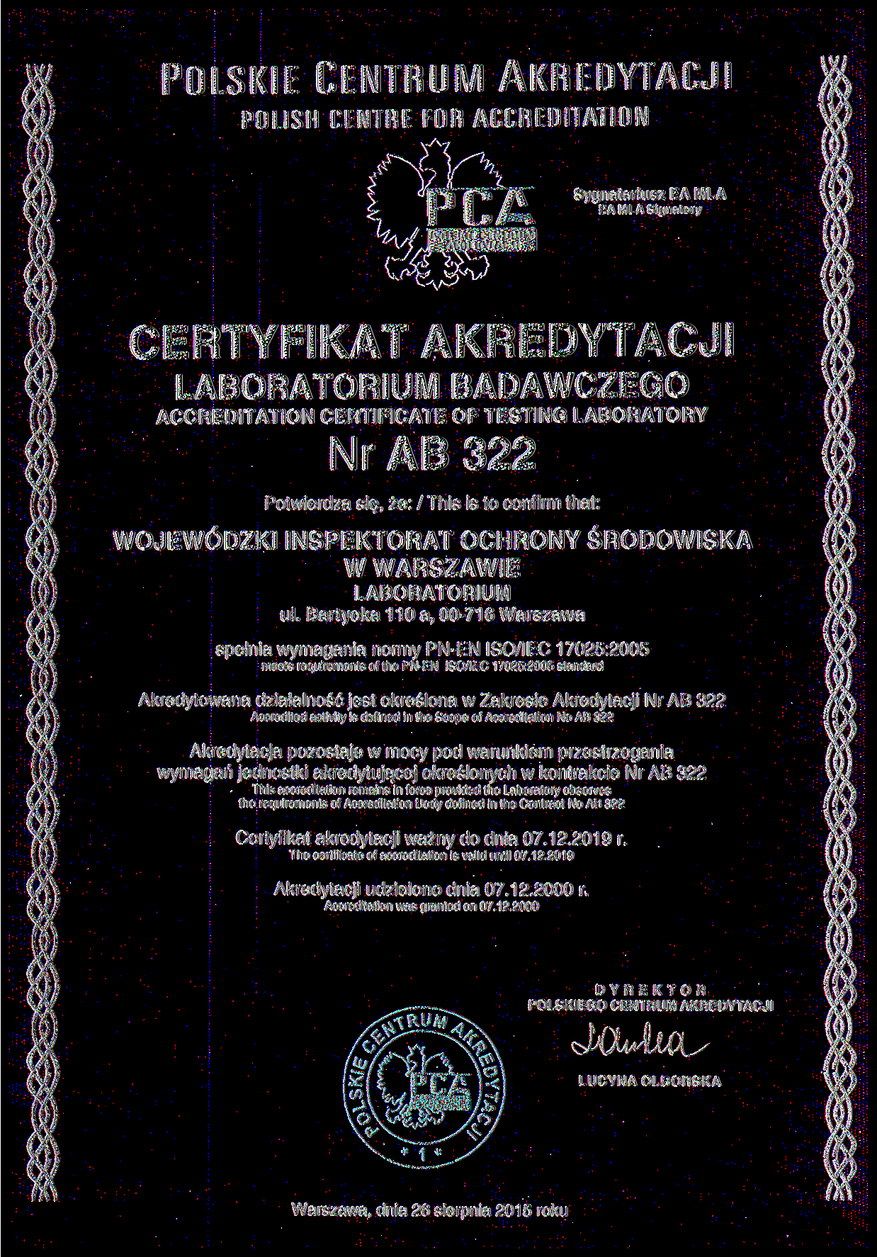 POLSKIE CENTRUM AKREDYTACJI POLISH CENTRE FOR ACCHEDITATION n i? i PCA ; CERTYFIKAT Sygnatariusz EA MLA EAMLASignatory l CENTRUM AKnrnYTAC.