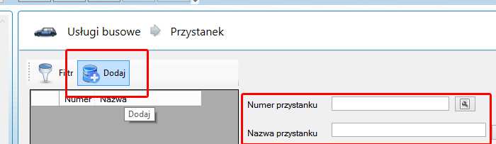 Tworzenie listy przystanków. Wybieramy pozycję "Przystanek", następnie klikamy przycisk "Dodaj".