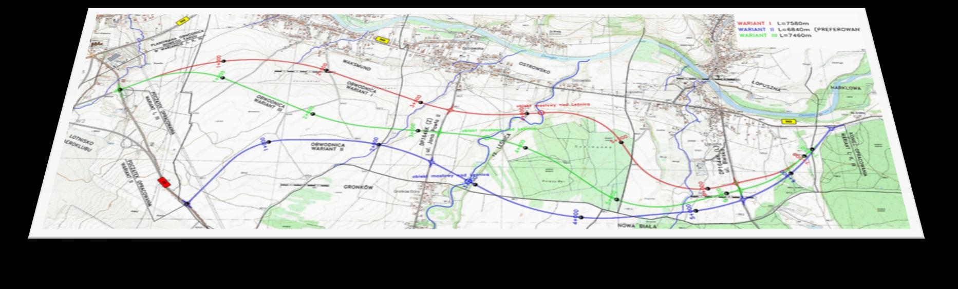 środowiska. Długość obwodnicy wyniesie około 6,840 km + 3 obiekty mostowe + 4 skrzyżowania (z DK 49, DP 1646K, DP 1644K i z DW 969) (wariant II niebieski - preferowany).