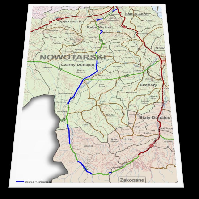 Rozbudowa DW 958 Chabówka - Zakopane Okres realizacji: 2016/2018 Wartość inwestycji: 60 000 000 PLN Długość: 20 km Zakres rzeczowy: - inwentaryzacja stanu DW 958 - wielowariantowa koncepcja