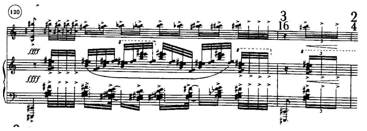 Brzmienie a relacje instrumentalne 105 szybkie figuracje w prawej ręce, urywane akordy w lewej ręce fortepianu).