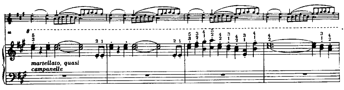 Brzmienie a relacje instrumentalne 97 Przykład 2. Henryk Melcer, Sonata G-dur, część II: Presto con brio, takty 46 49.