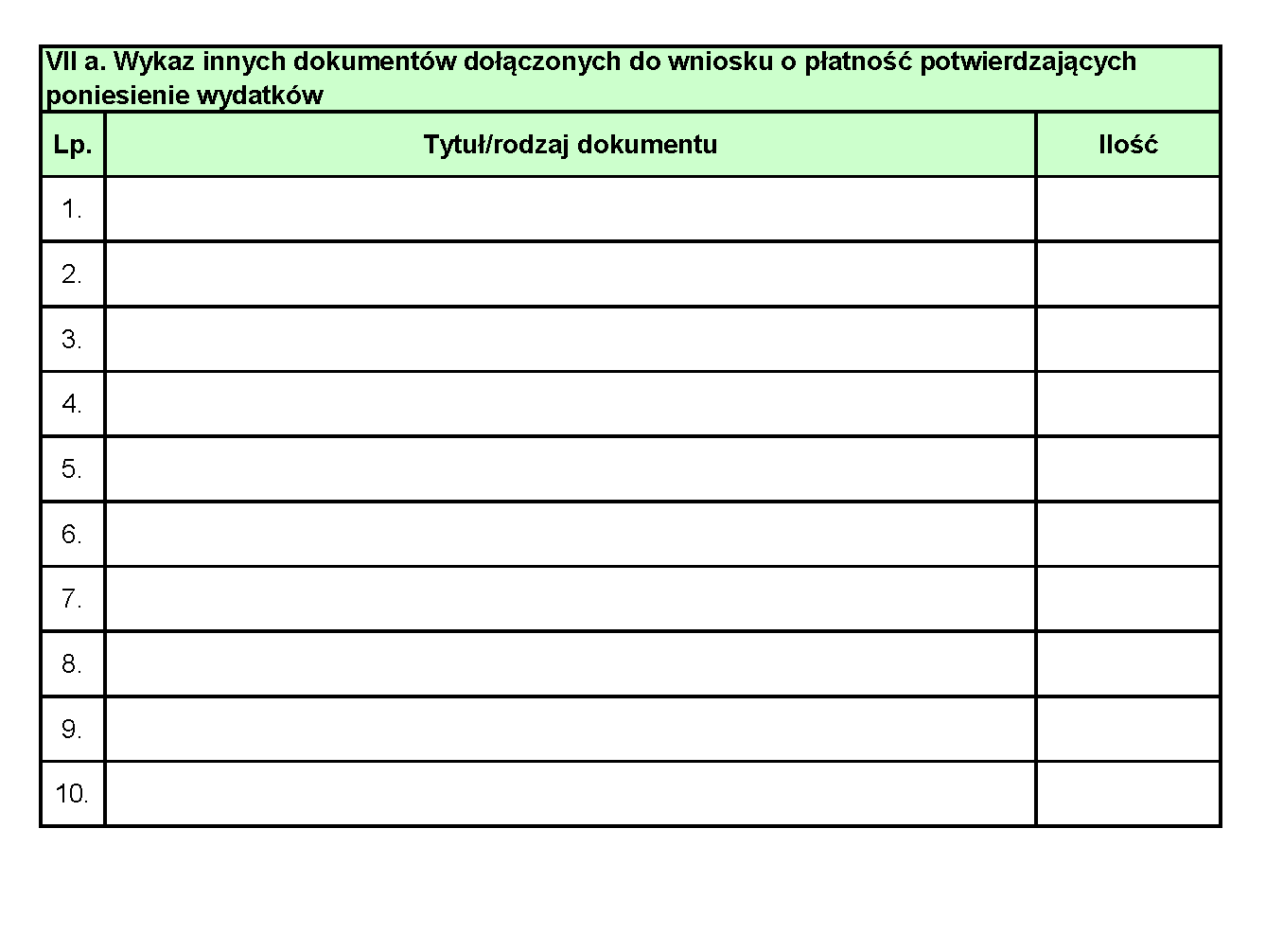 Formularz wniosku o płatność strona 7 Należy wymienić te