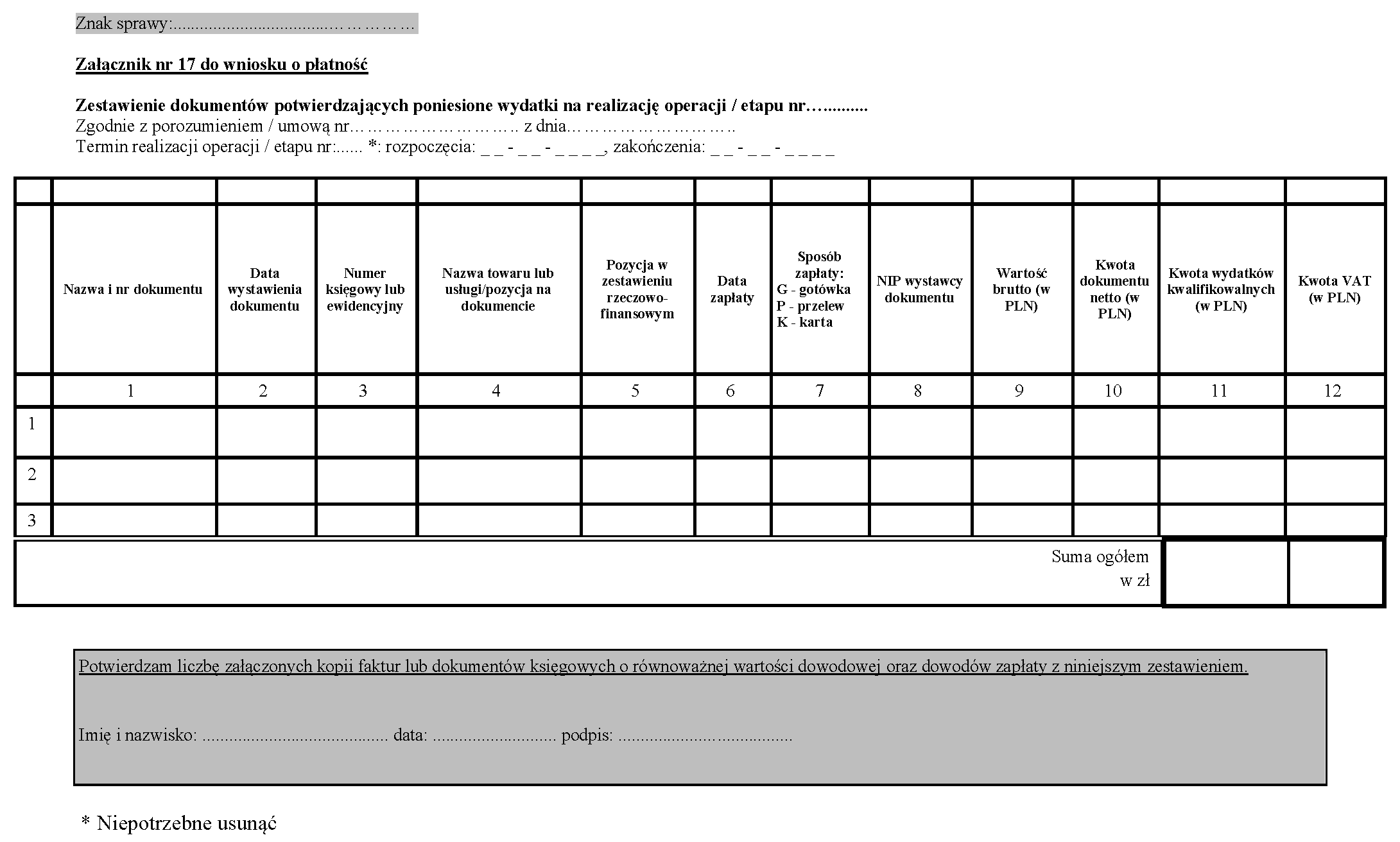 ZAŁĄCZNIK NR 17 DO WNIOSKU O PŁATNOŚĆ