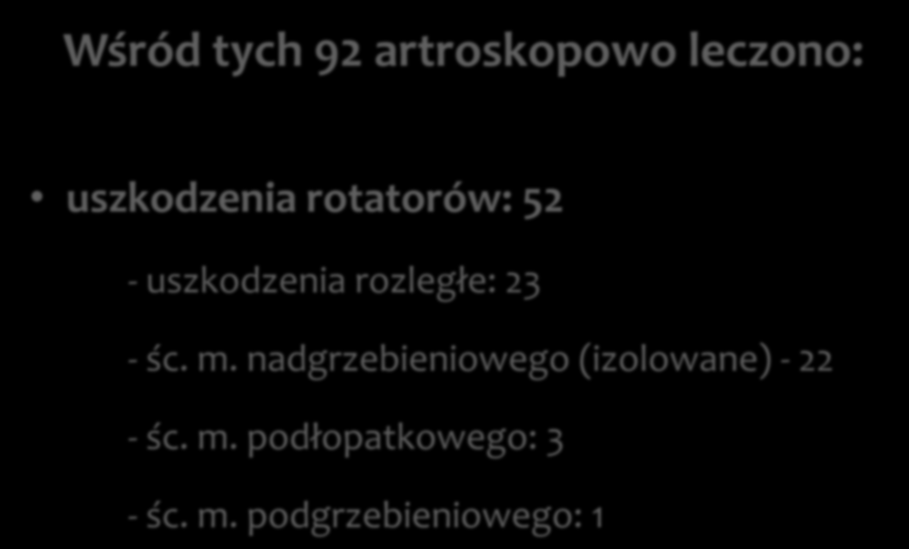 Wśród tych 92 artroskopowo leczono: uszkodzenia rotatorów: 52 - uszkodzenia rozległe: 23 - śc.