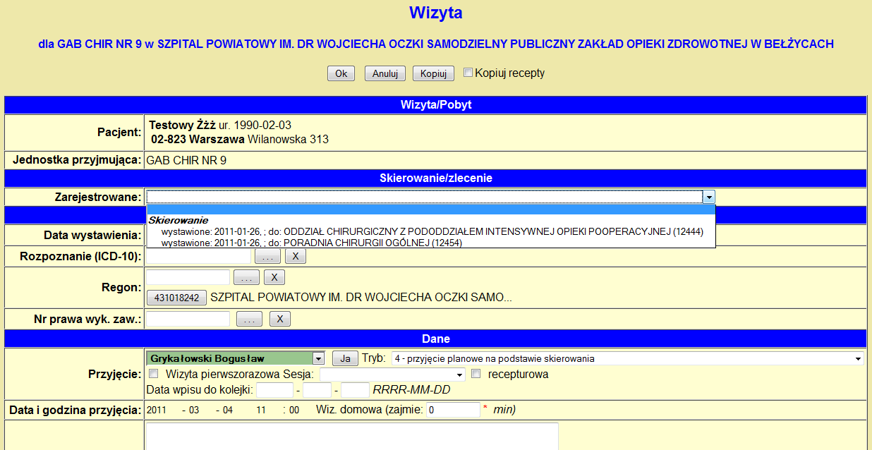 Po dodaniu wizyty zostaniemy przekierowani na ekran jej edycji. W tym miejscu zostanie omówiony II sposób dodawania skierowania (wygodniejszy).