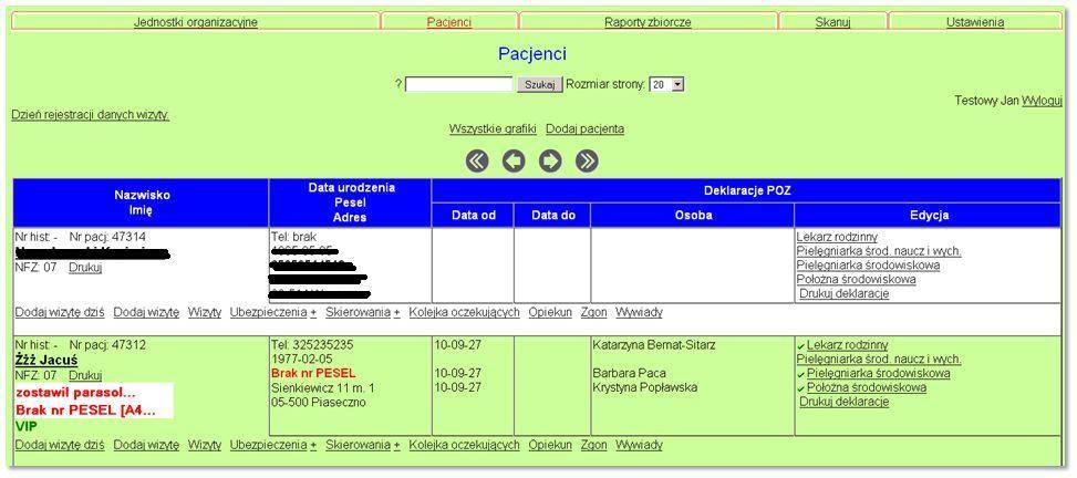 Lista zawiera podstawowe dane personalne pacjentów.