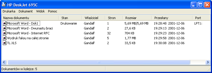 Rysunek 7.4. Okno drukarki domyślnej Ćwiczenie 7.7. Przyspieszenie wydruku Celem ćwiczenie jest zmiana kolejności wysłanych do drukarki dokumentów.