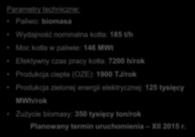 MWh/rok Zużycie biomasy: 350 tysięcy ton/rok Planowany termin uruchomienia XII 2015 r.