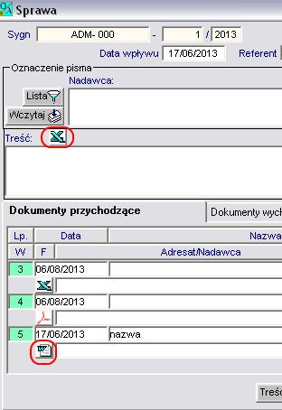 Wczytaj w oknie sprawy w polu dokumentów przychodzących-wychodzących, bądź Wczytaj w przypadku pisma wiodącego.