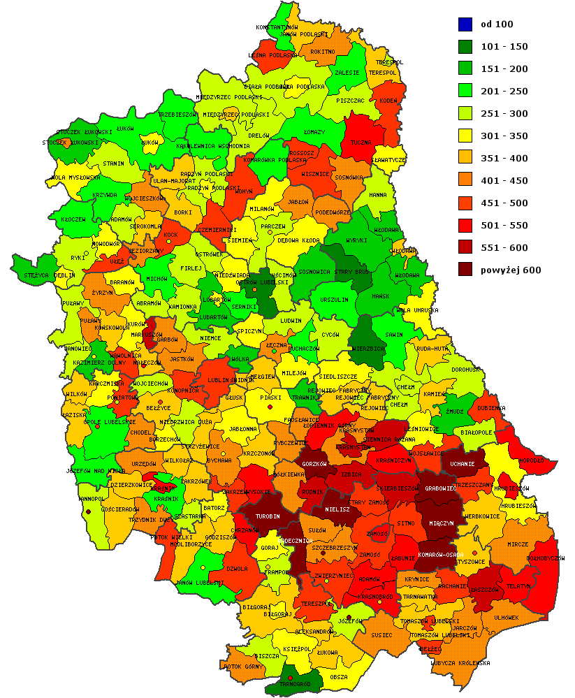 Mapa : Rozkład geograficzny zachorowalności na nowotwory złośliwe w poszczególnych gminach województwa