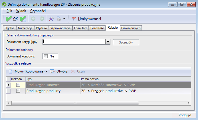 W domyślnej konfiguracji zdefiniowano jeden taki dokument: ZP. Parametr Obsługa technologii definicji dokumentu Relacje dokumentów Do rejestrowania rozchodu surowców zdefiniowano dokumenty PWP i RWP.