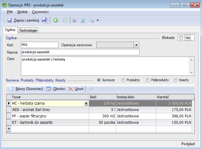 Funkcjonalność Menu modułu Menu modułu składa się z 3 opcji: Operacje wzorcowe lista wzorcowych operacji, z których można budować technologię Technologie lista wzorcowych technologii, które mogą być