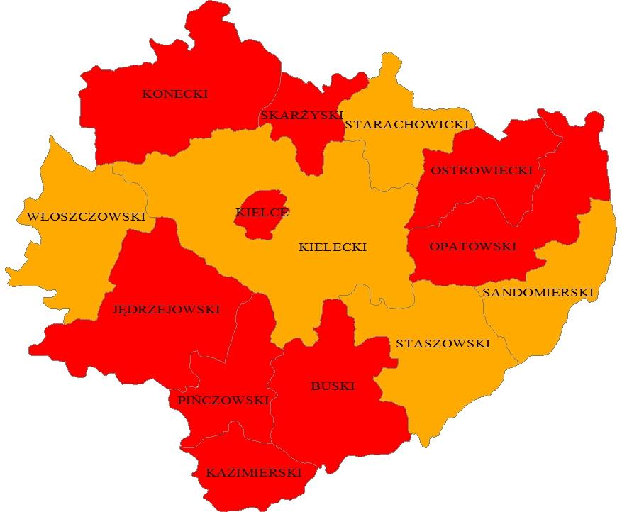 Rozkład geograficzny zachorowalności MĘŻCZYZN na nowotwory złośliwe ogółem w powiatach woj.