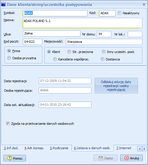 3. Klienci/uczestnicy postępowania a. Dodano pola Numer dowodu oraz pole Identyf. dodatk.. b. Dodano pola Data rejestracji, Osoba rejestrująca oraz Data ostatniej aktualizacji.