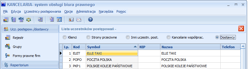 f. Gdy w opcjach programu zaznaczono opcję zlecania spraw na zewnątrz, w danych uczestnika postępowania pojawia się nowa kategoria: Kancelaria współpracująca.