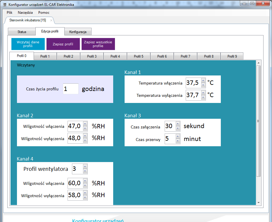 Edycja profili: Edycja profili jest bardzo prosta wystarczy wczytać ustawienia, wypełnić pola i zapisać ustawienia po uprzednim wpisaniu czterocyfrowego hasła.