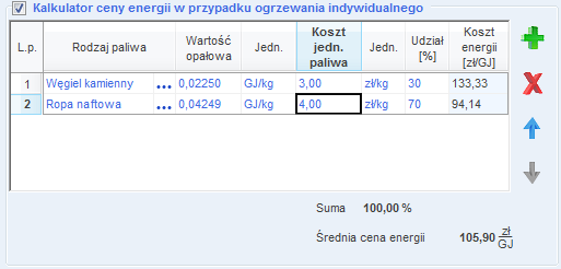 2.2.3.1.2 Kalkulator kosztów energii Rys 16. Kalkulator kosztów energii. Aby uaktywnić kalkulator należy zaznaczyć pole wyboru Kalkulator kosztów energii w przypadku ogrzewania indywidualnego.