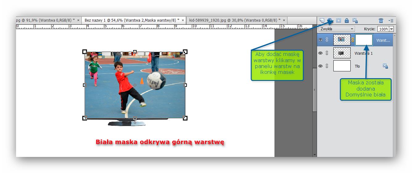 Dodawanie masek Kurs Adobe Photoshop Elements 11 Maskę dodamy do warstwy klikając na ikonkę maski w panelu warstw, domyślnie dodana jest biała maska odkryj wszystko,